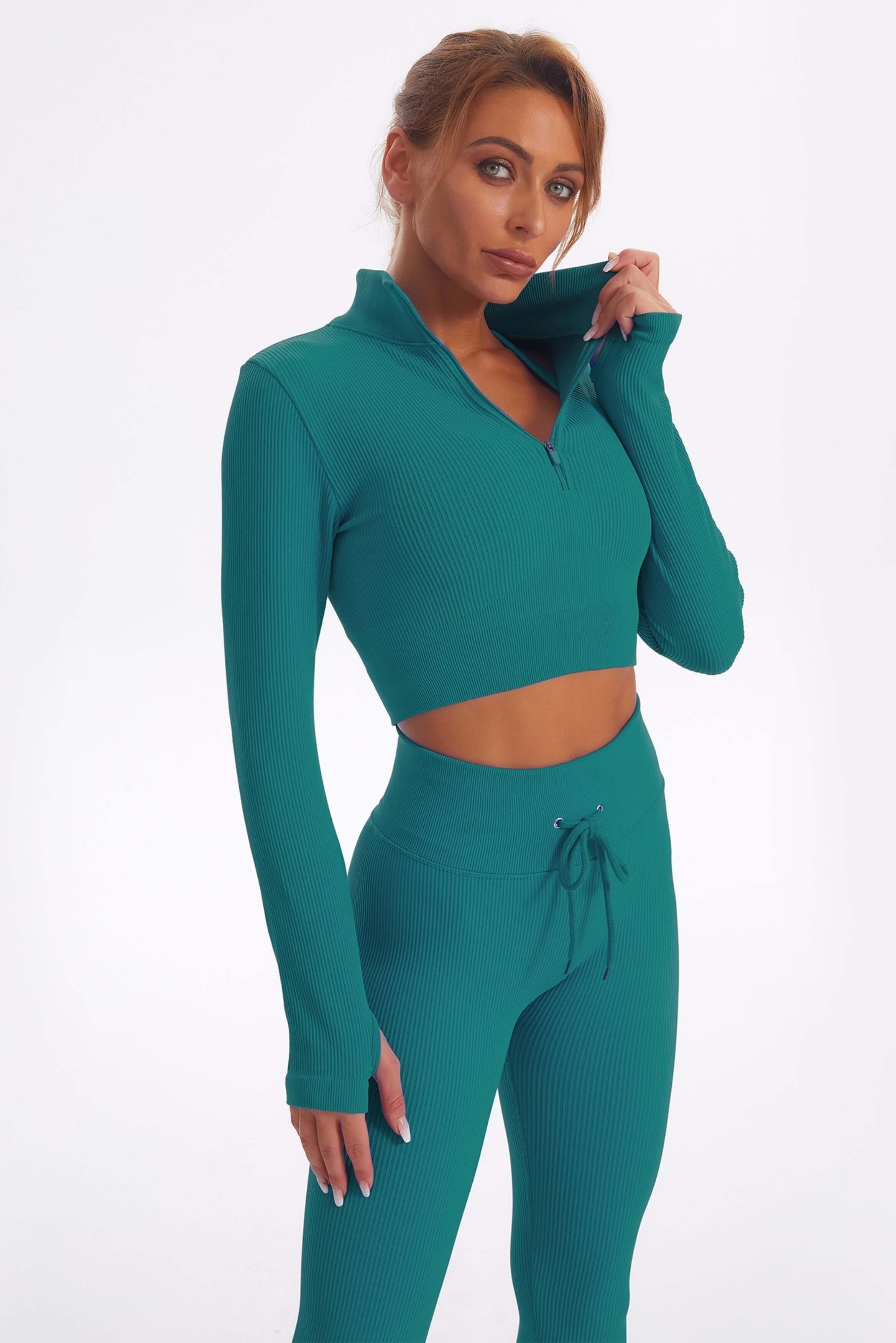 Acid Wash Long sleeves Seamless Ribbed 2 Piece Workout Sets