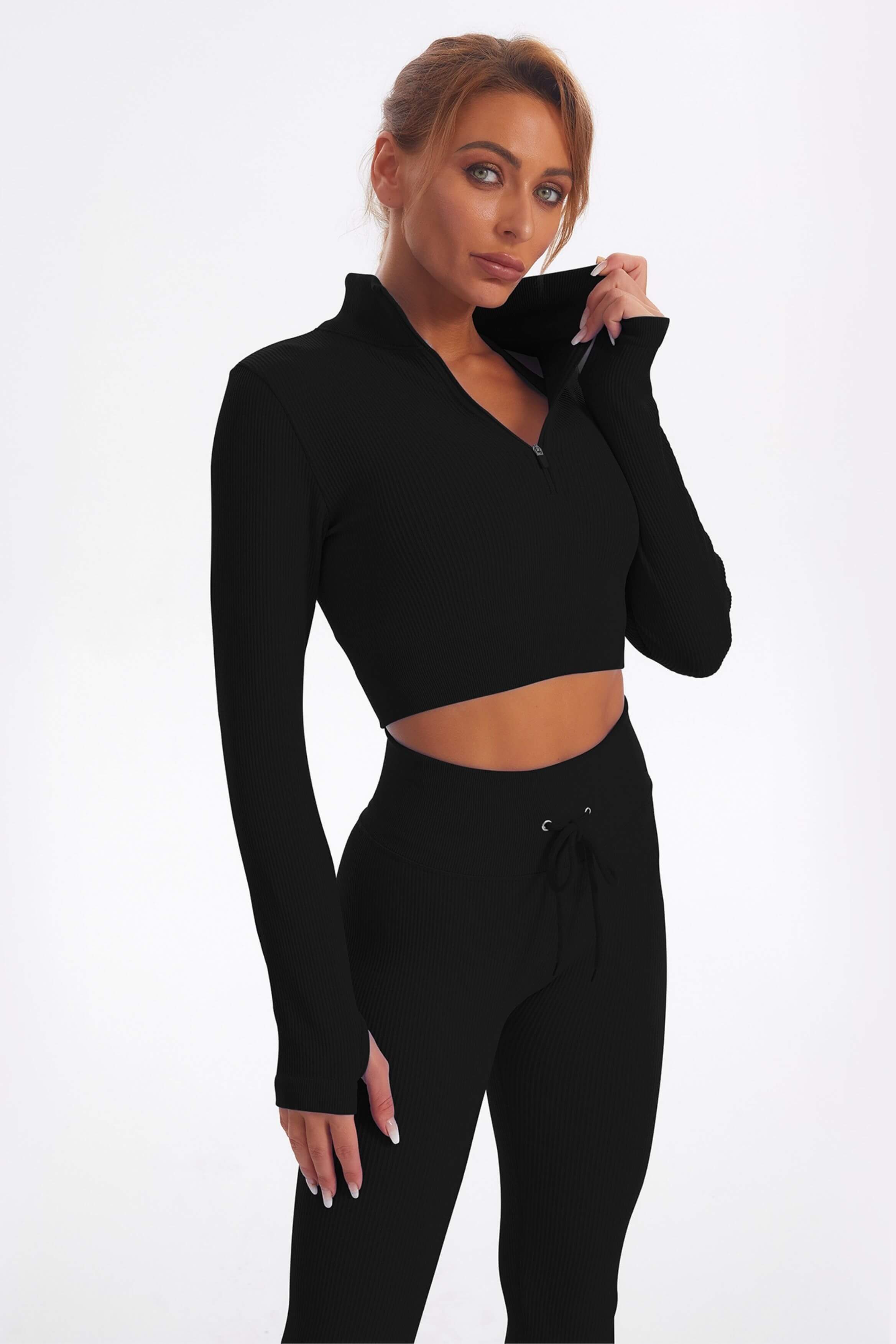 Acid Wash Long sleeves Seamless Ribbed 2 Piece Workout Sets