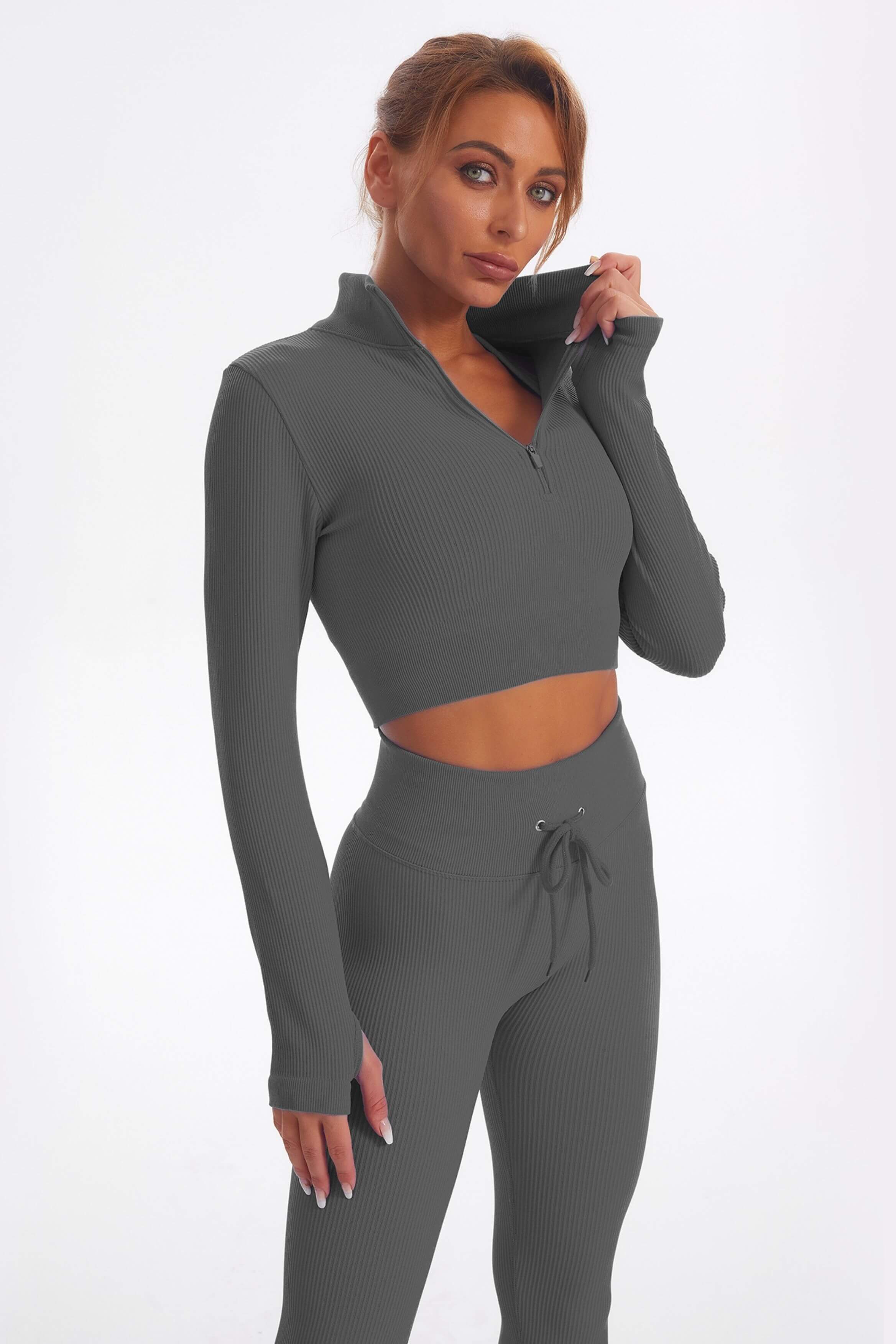 Acid Wash Long sleeves Seamless Ribbed 2 Piece Workout Sets