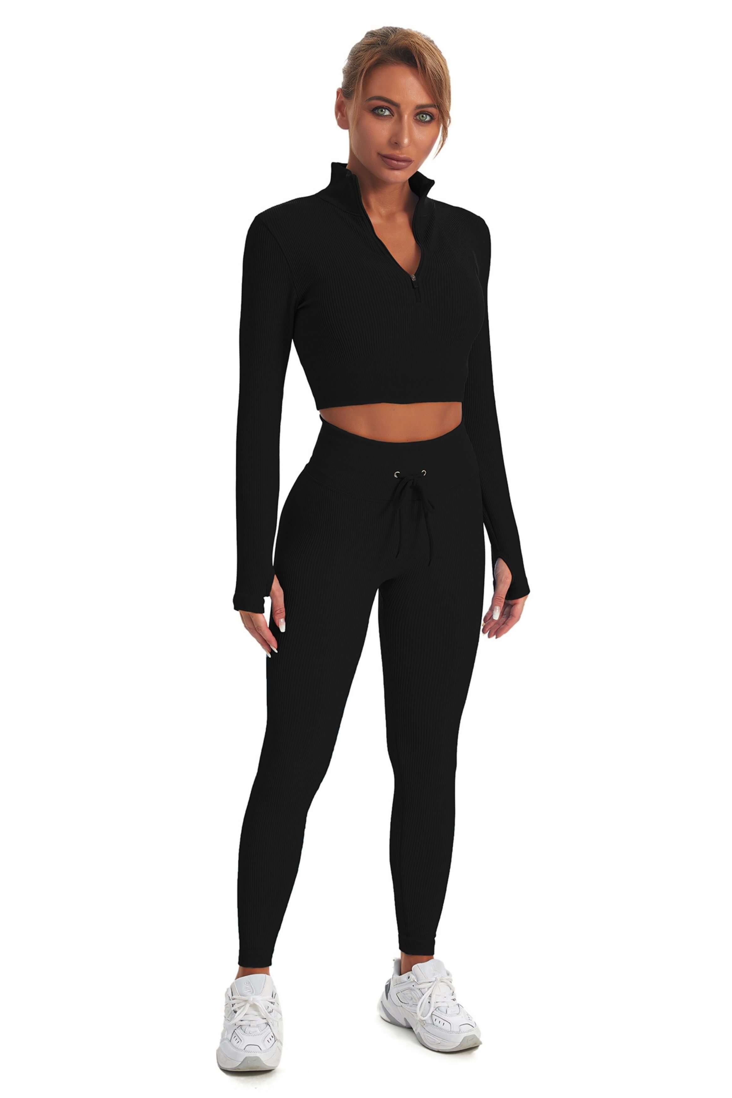 Acid Wash Long sleeves Seamless Ribbed 2 Piece Workout Sets