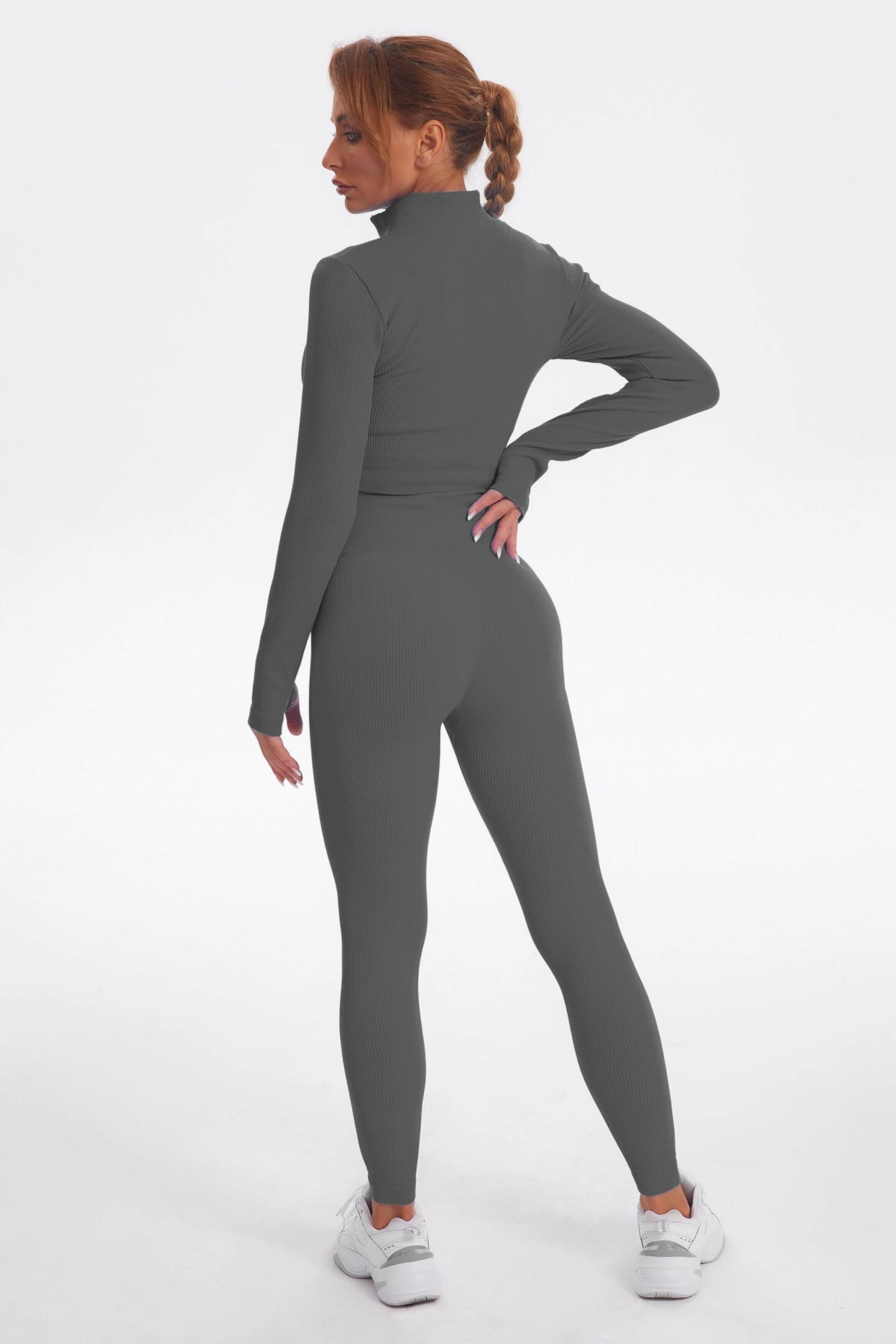 Acid Wash Long sleeves Seamless Ribbed 2 Piece Workout Sets