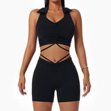 wholesale drawstring-lapel sports fitness short sets